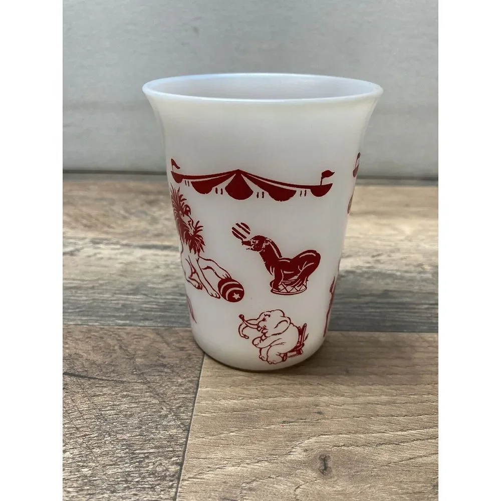 Vintage Hazel Atlas Circus Animals Juice Glass, White‎ Red Milk Glass